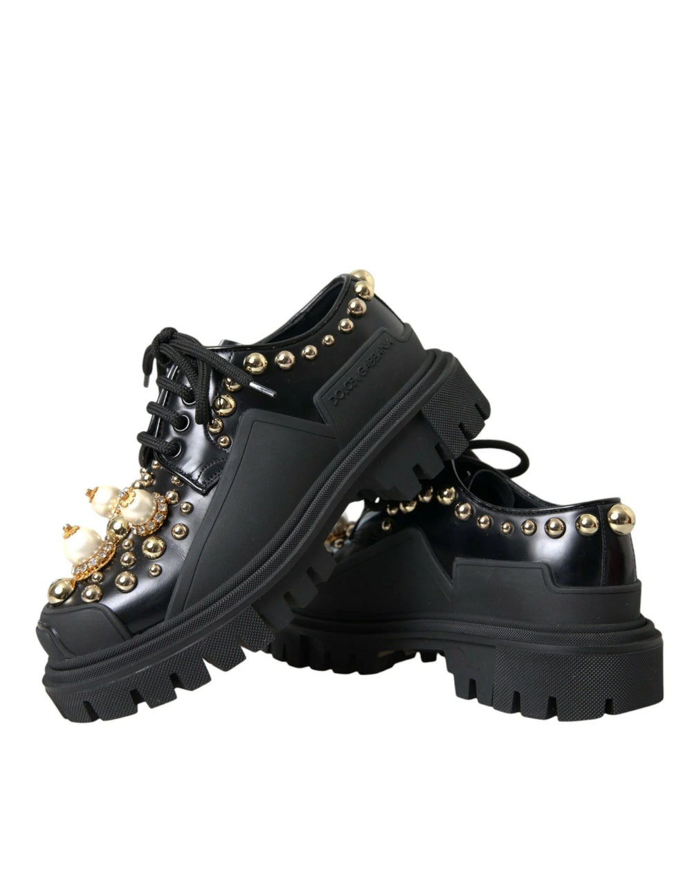 Dolce & Gabbana Black Leather Trekking Derby Embellished Shoes - EU35.5/US5 - Boots