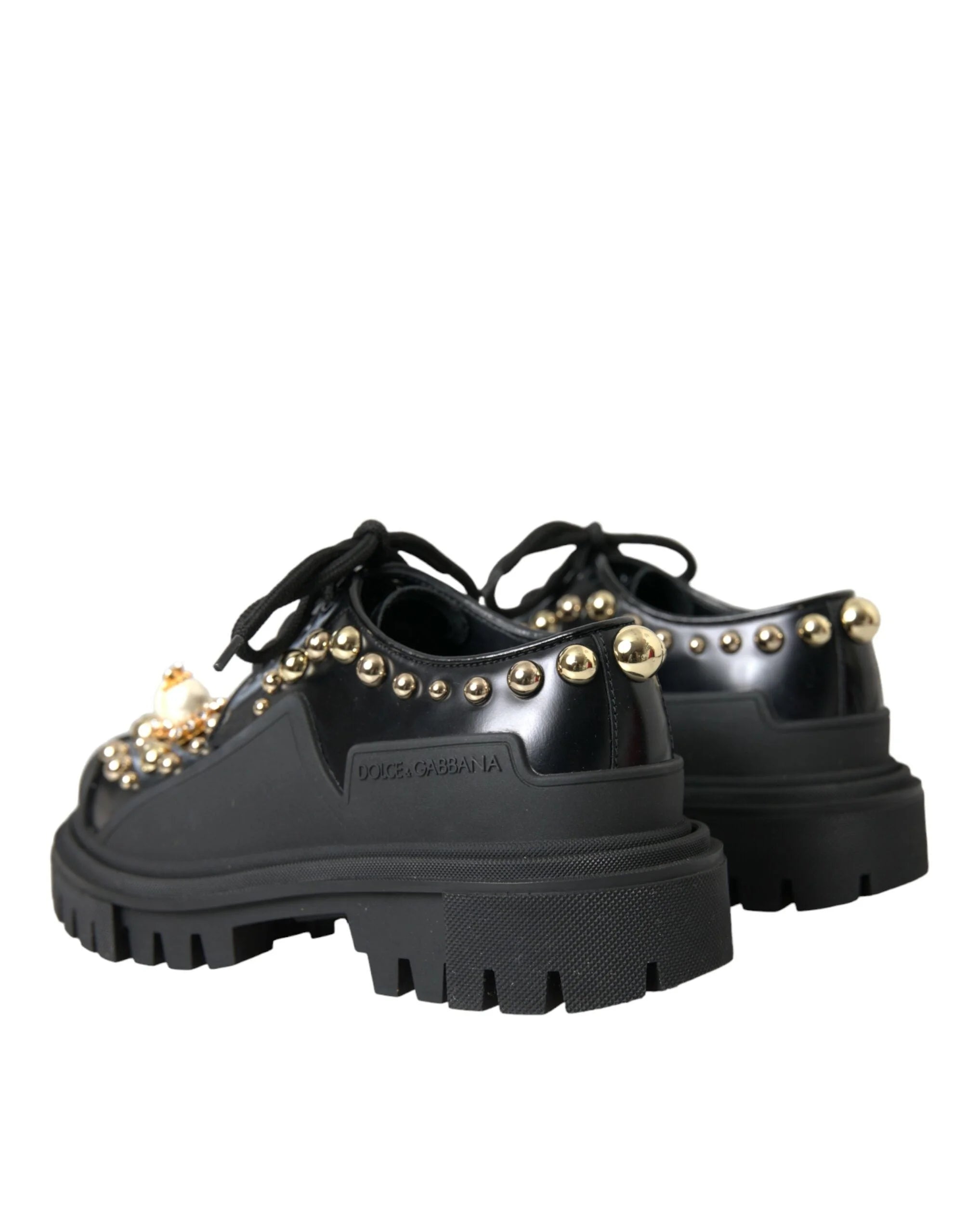 Dolce & Gabbana Black Leather Trekking Derby Embellished Shoes - EU35.5/US5 - Boots