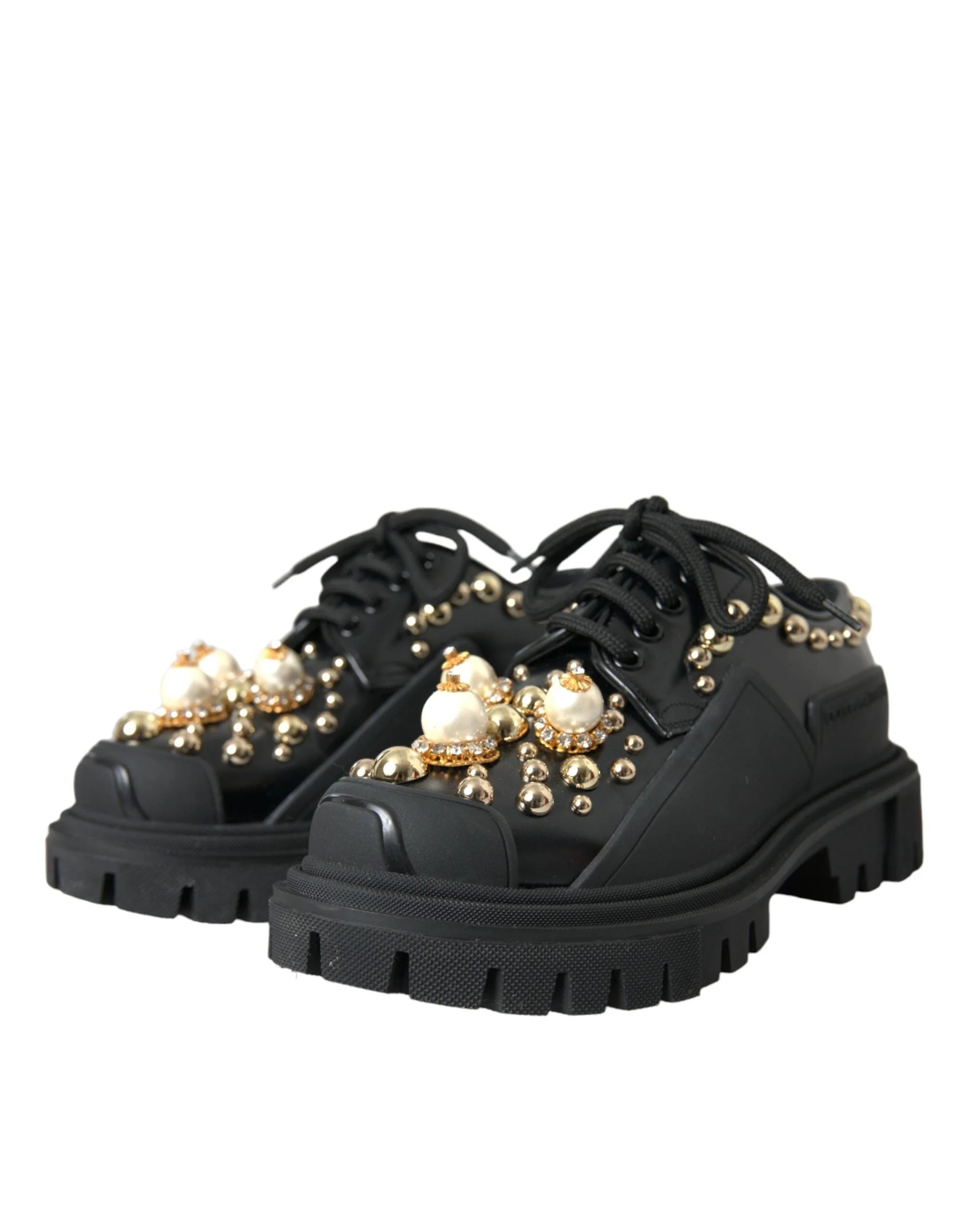 Dolce & Gabbana Black Leather Trekking Derby Embellished Shoes - EU35.5/US5 - Boots