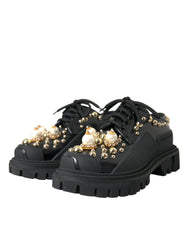Dolce & Gabbana Black Leather Trekking Derby Embellished Shoes - EU35.5/US5 - Boots