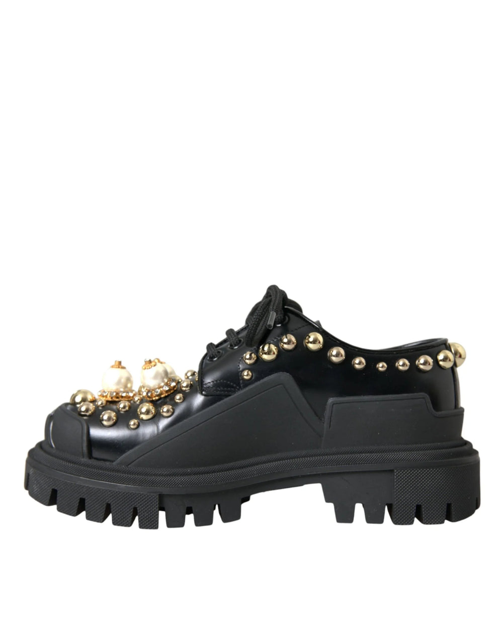 Dolce & Gabbana Black Leather Trekking Derby Embellished Shoes - EU35.5/US5 - Boots