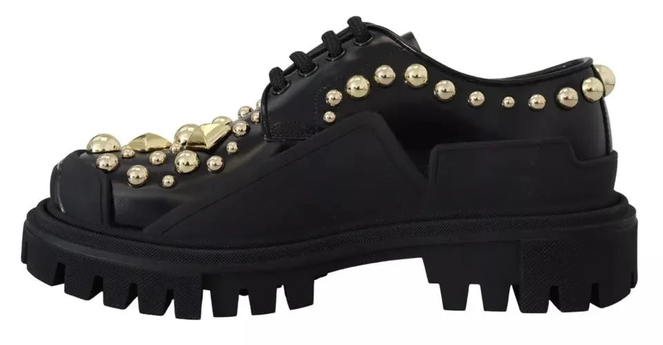 Dolce & Gabbana Black Leather Trekking Derby Embellished Shoes - Flats