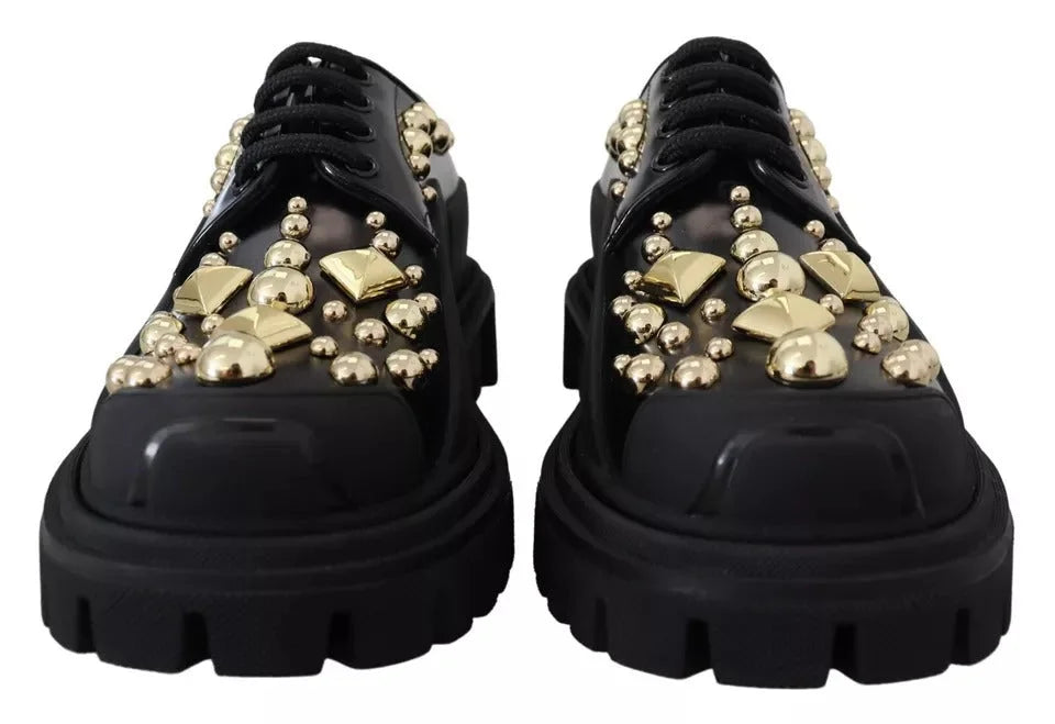 Dolce & Gabbana Black Leather Trekking Derby Embellished Shoes - Flats