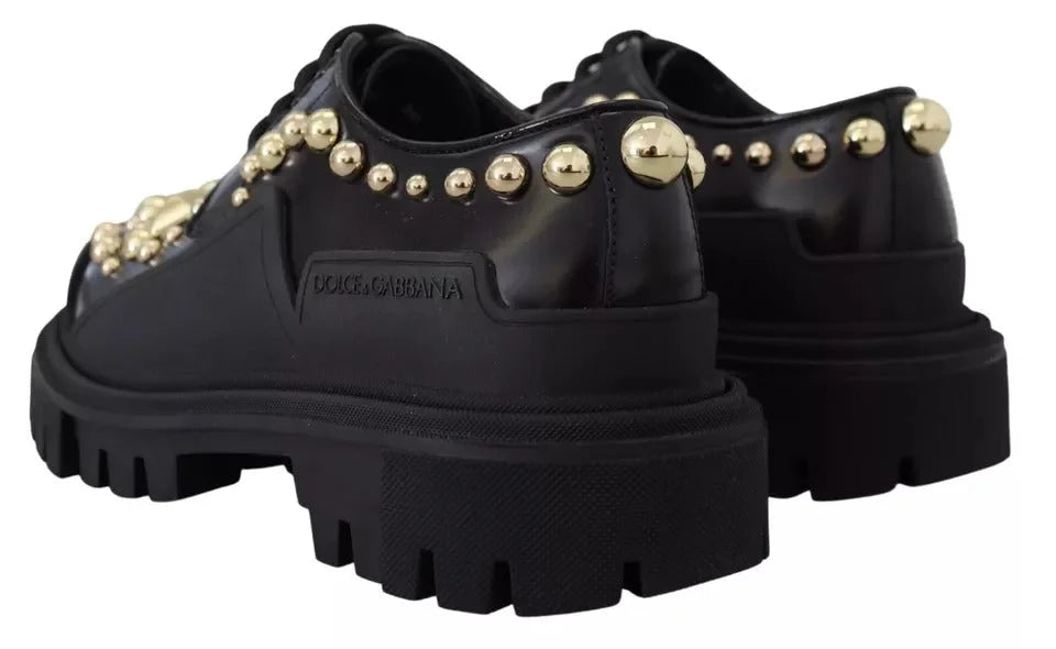 Dolce & Gabbana Black Leather Trekking Derby Embellished Shoes - Flats