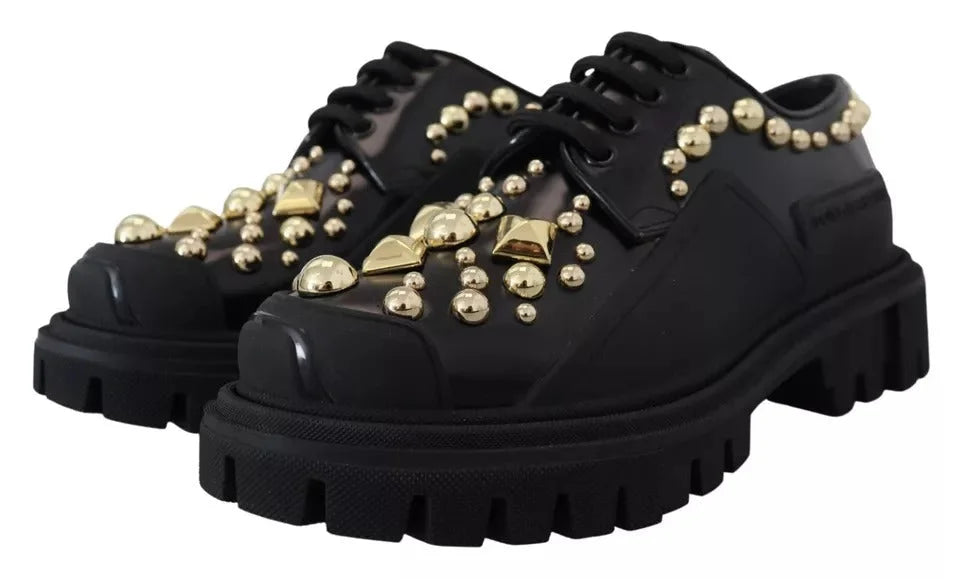 Dolce & Gabbana Black Leather Trekking Derby Embellished Shoes - Flats