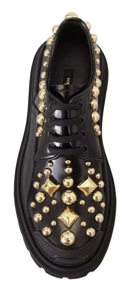 Dolce & Gabbana Black Leather Trekking Derby Embellished Shoes - Flats