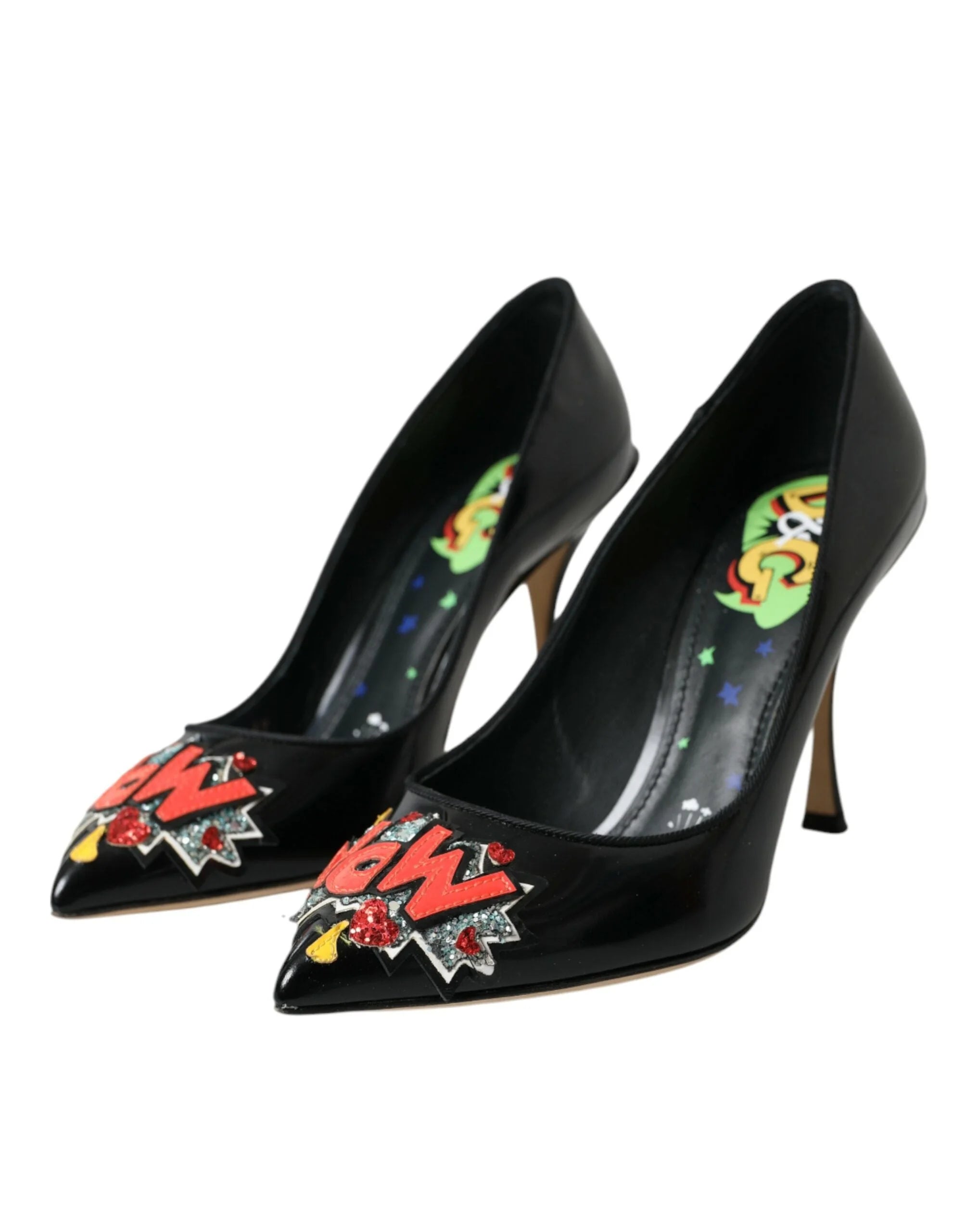 Dolce & Gabbana Black Leather WOW Patch Heels Pumps Shoes - Heels