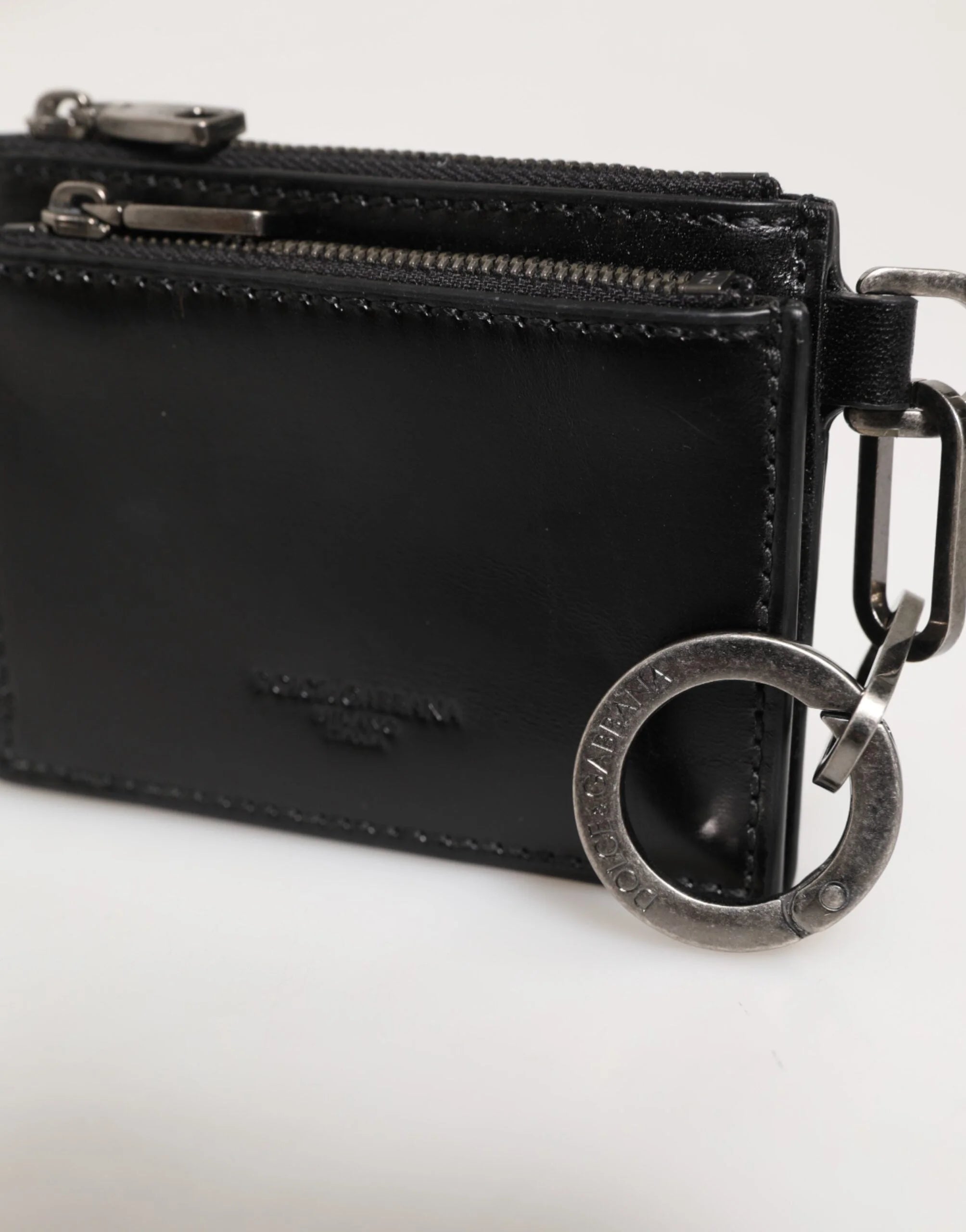Dolce & Gabbana Black Leather Zipped Card Holder Coin Purse Keyring Wallet - Key Cases
