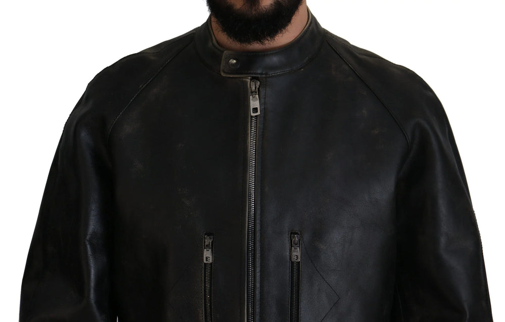 Dolce & Gabbana Black Leather Zipper Biker Coat Jacket - IT54 | XXL - Bomber Jackets