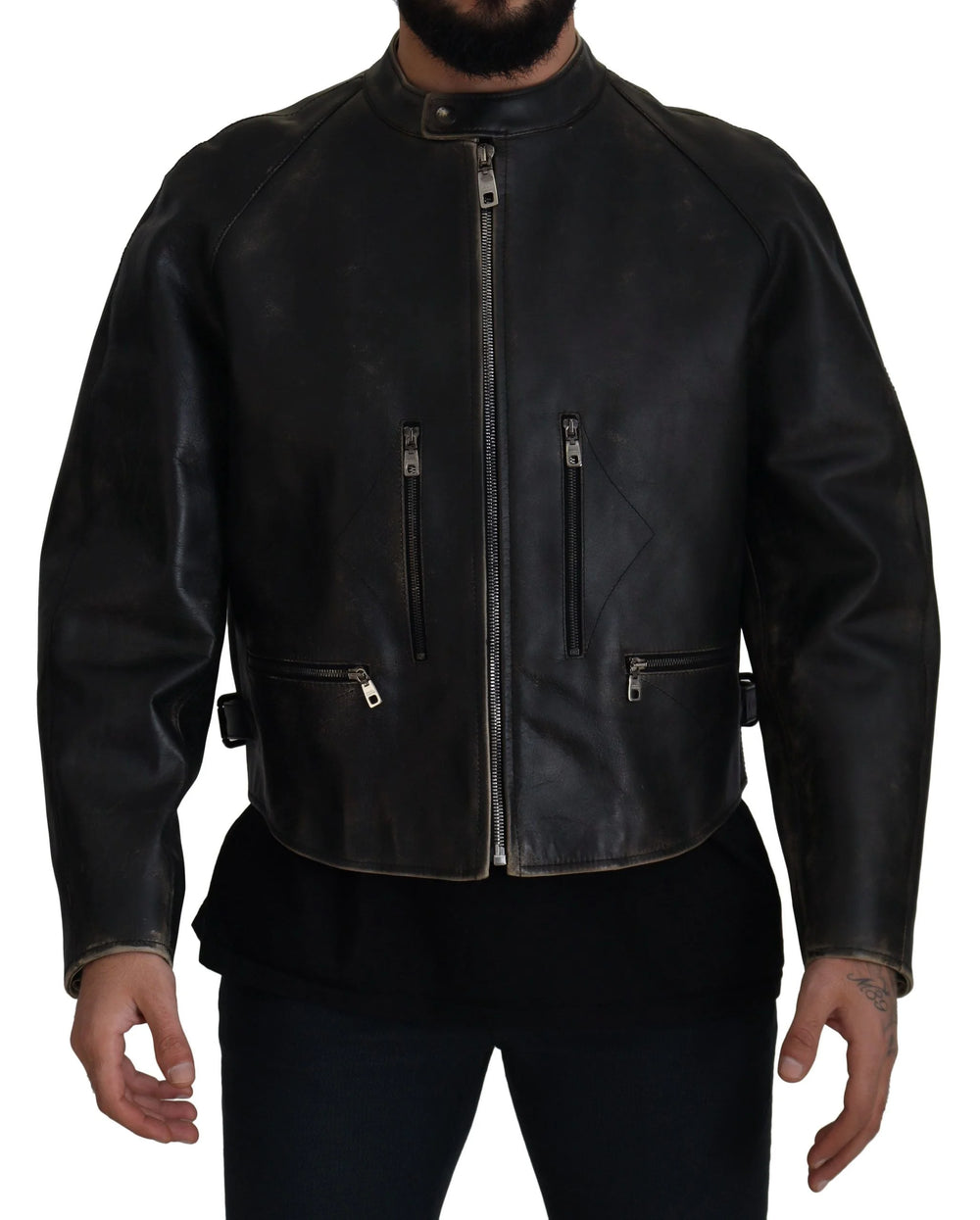 Dolce & Gabbana Black Leather Zipper Biker Coat Jacket - IT54 | XXL - Bomber Jackets