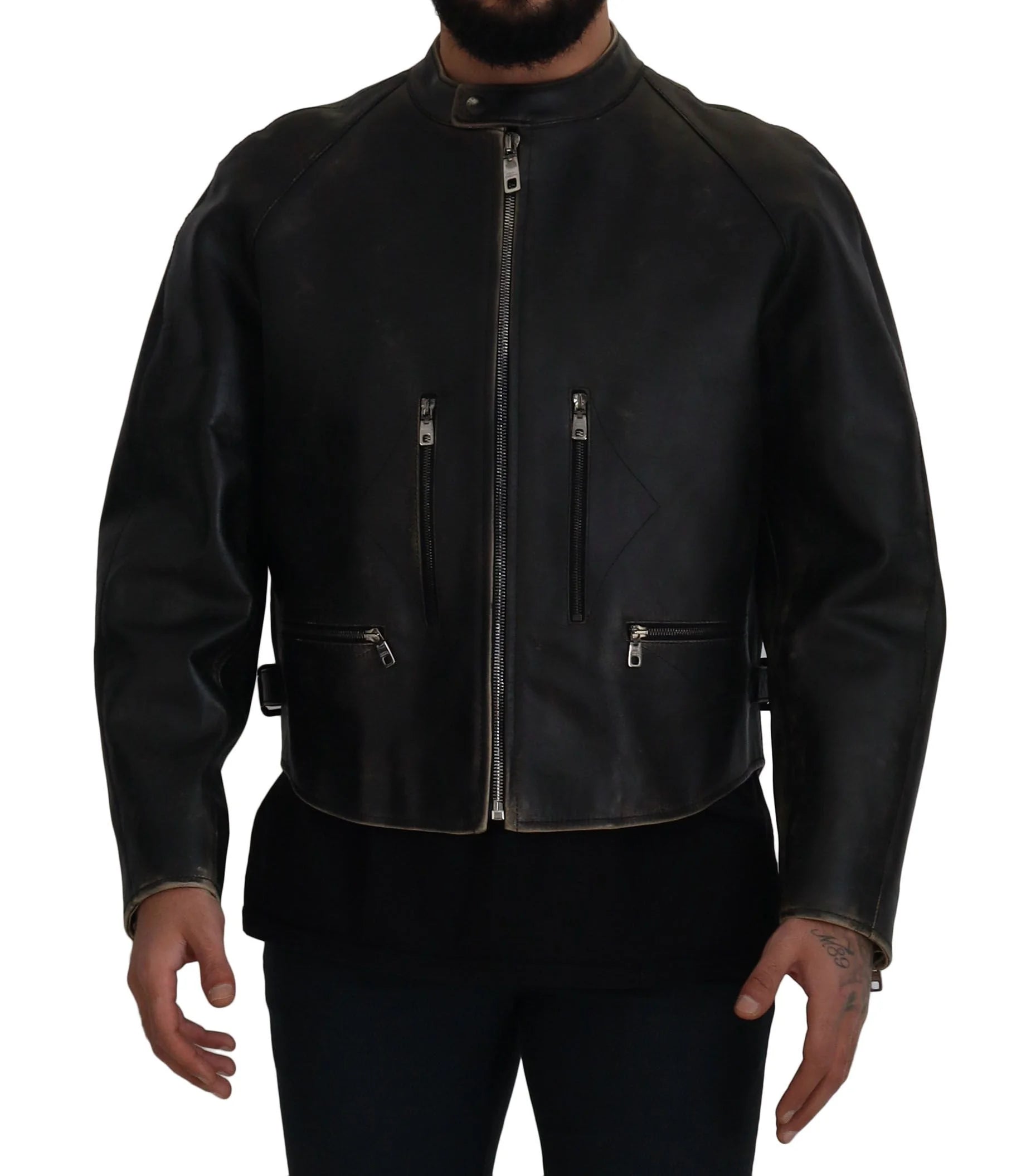 Dolce & Gabbana Black Leather Zipper Biker Coat Jacket - IT54 | XXL - Bomber Jackets