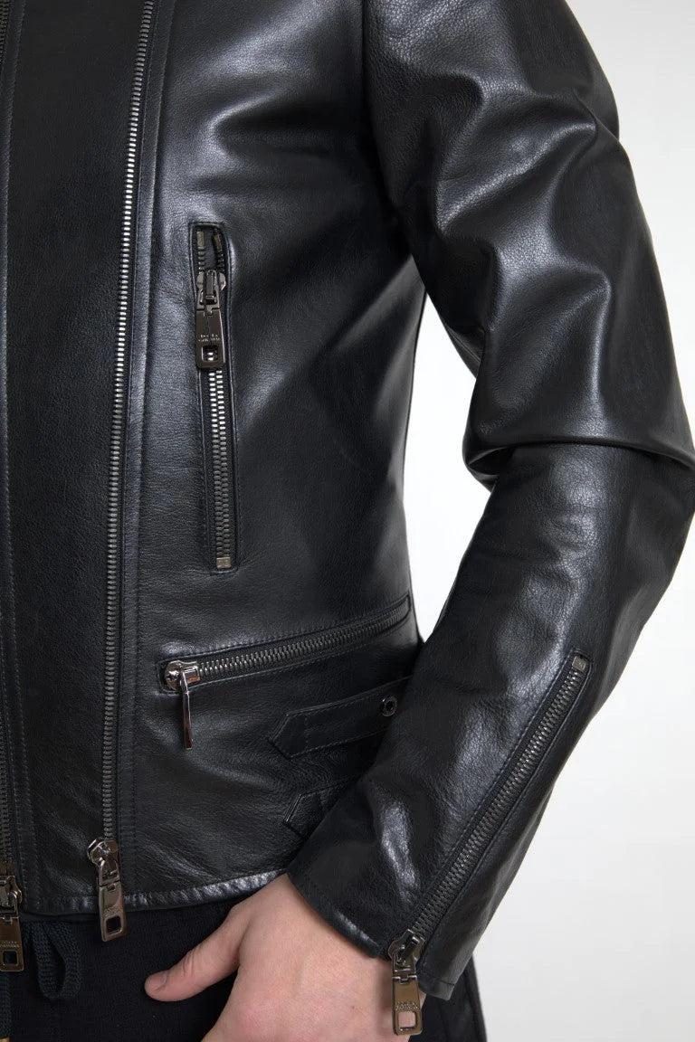 Dolce & Gabbana Black Leather Zipper Coat Men Jacket - IT48 | M - Coats & Jackets