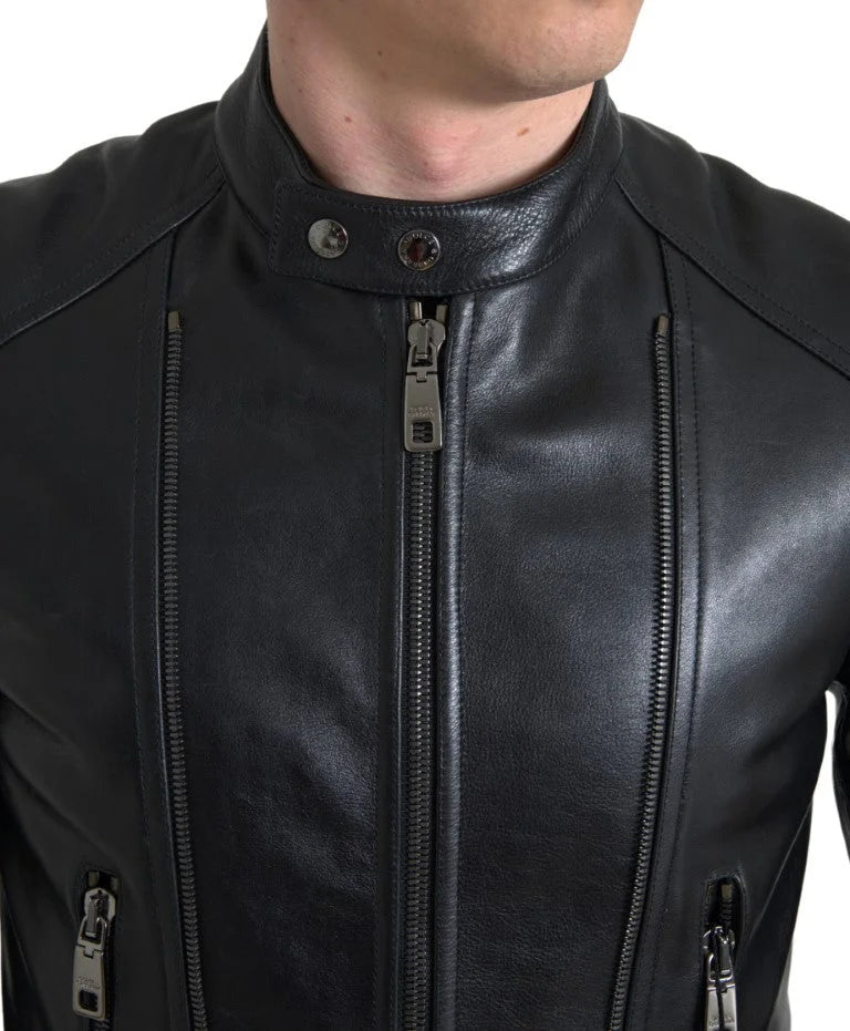Dolce & Gabbana Black Leather Zipper Coat Men Jacket - IT48 | M - Coats & Jackets