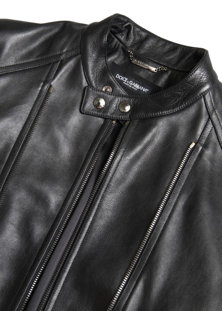 Dolce & Gabbana Black Leather Zipper Coat Men Jacket - IT48 | M - Coats & Jackets
