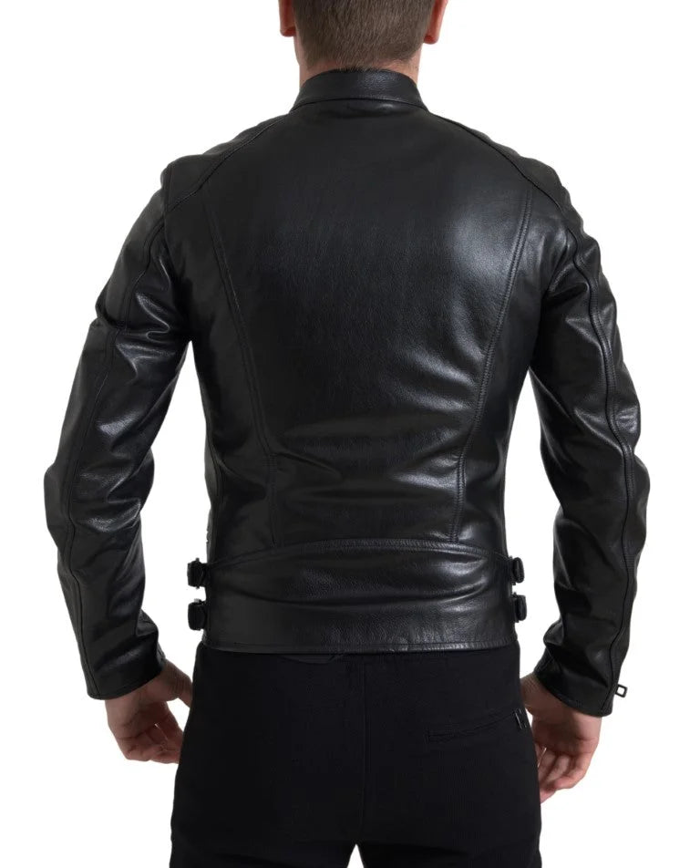 Dolce & Gabbana Black Leather Zipper Coat Men Jacket - IT48 | M - Coats & Jackets