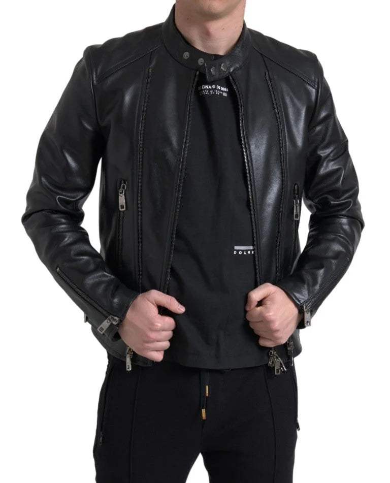 Dolce & Gabbana Black Leather Zipper Coat Men Jacket - IT48 | M - Coats & Jackets