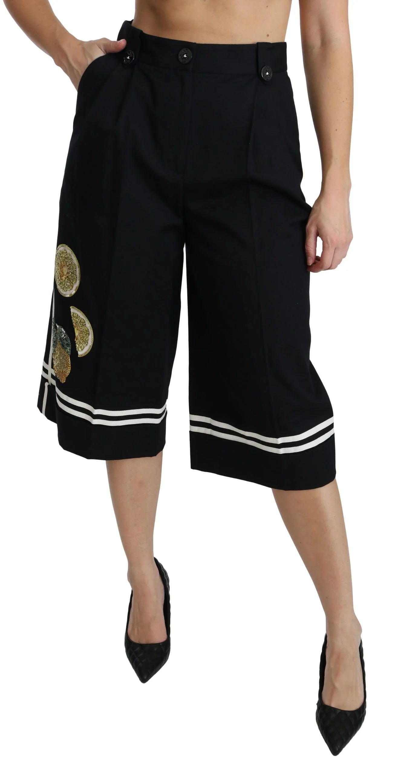 Dolce & Gabbana Black Lemon Embellished Palazzo Cropped Pants - IT40|S - Trousers