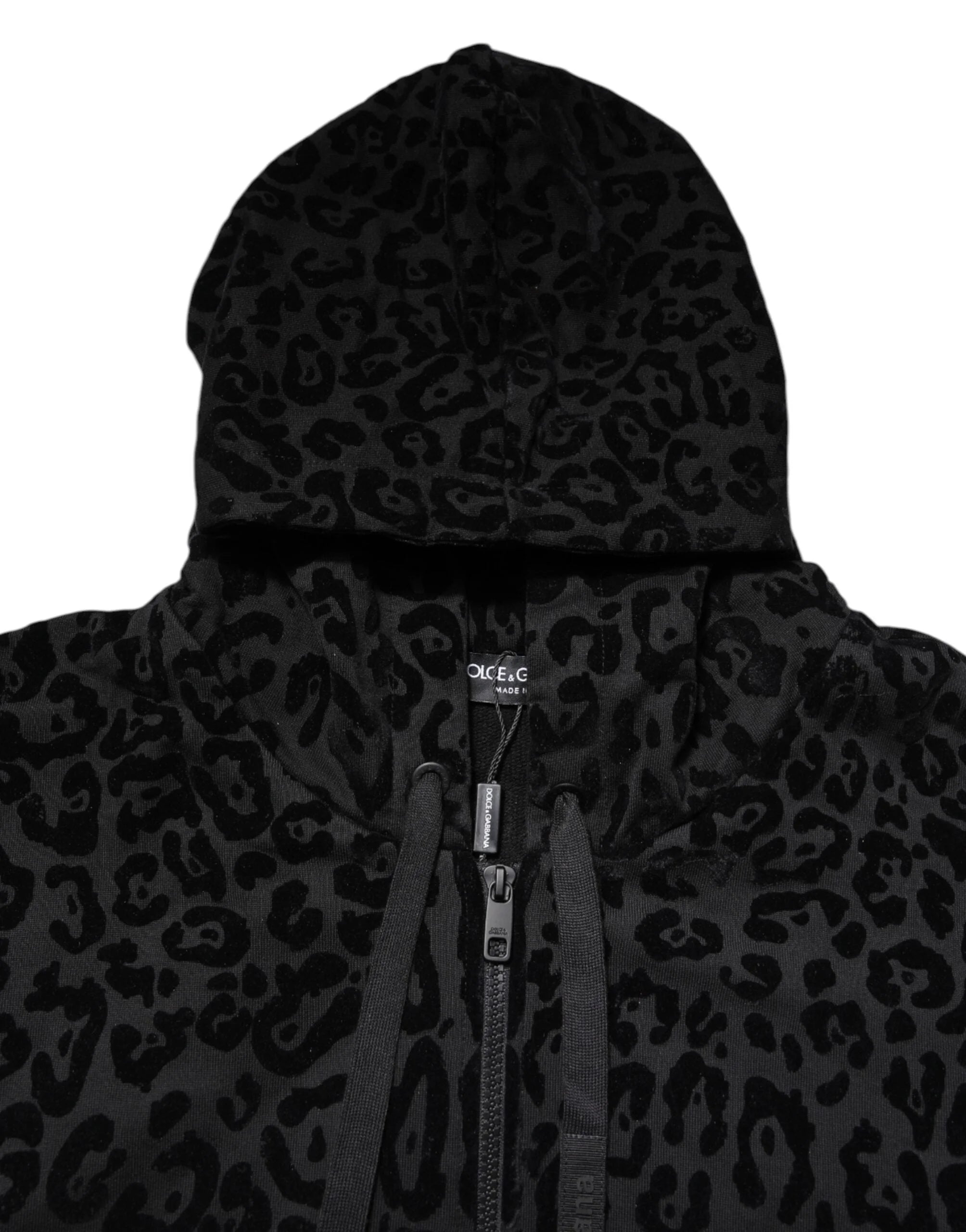 Dolce & Gabbana Black Leopard Full Zip Hooded Sweatshirt Sweater - IT52 | XL