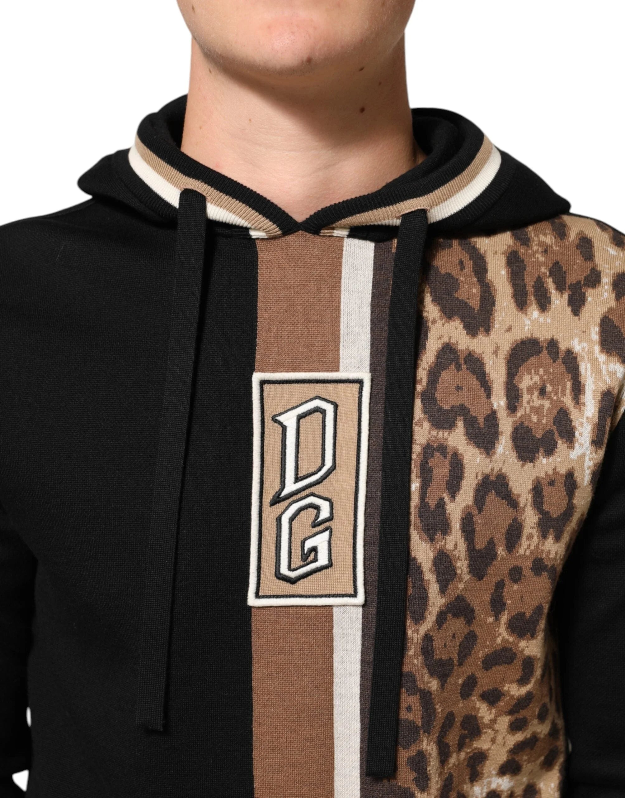 Dolce & Gabbana Black Leopard Logo Hooded Sweatshirt Sweater - IT46 | S - Hoodies