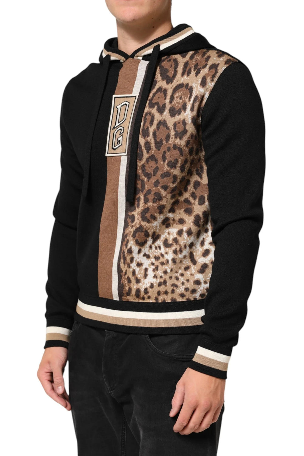 Dolce & Gabbana Black Leopard Logo Hooded Sweatshirt Sweater - IT46 | S - Hoodies