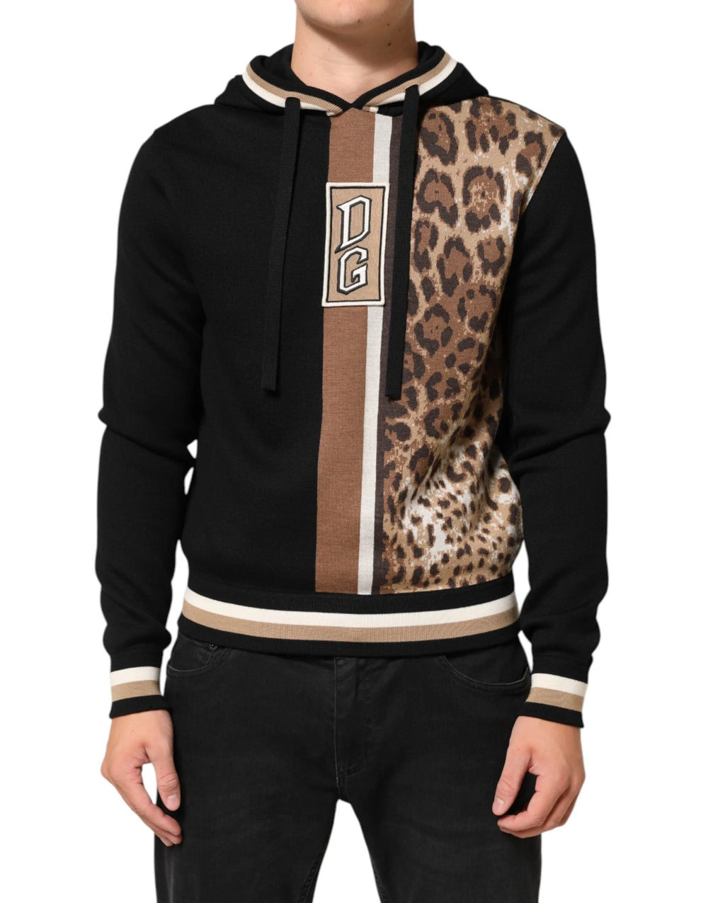 Dolce & Gabbana Black Leopard Logo Hooded Sweatshirt Sweater - IT46 | S - Hoodies