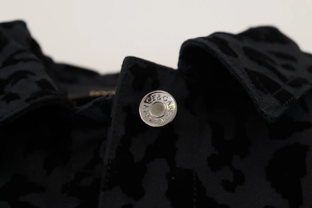 Dolce & Gabbana Black Leopard Long Sleeve Denim Cotton Jacket - IT40|S - Trucker Jackets