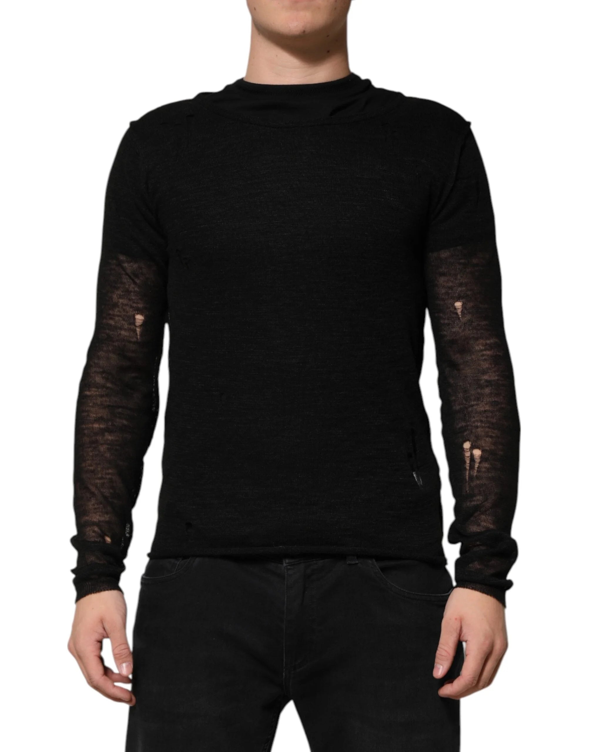 Dolce & Gabbana Black Linen Mesh Tattered Longsleeves T-shirt - IT48 | M - T-Shirts