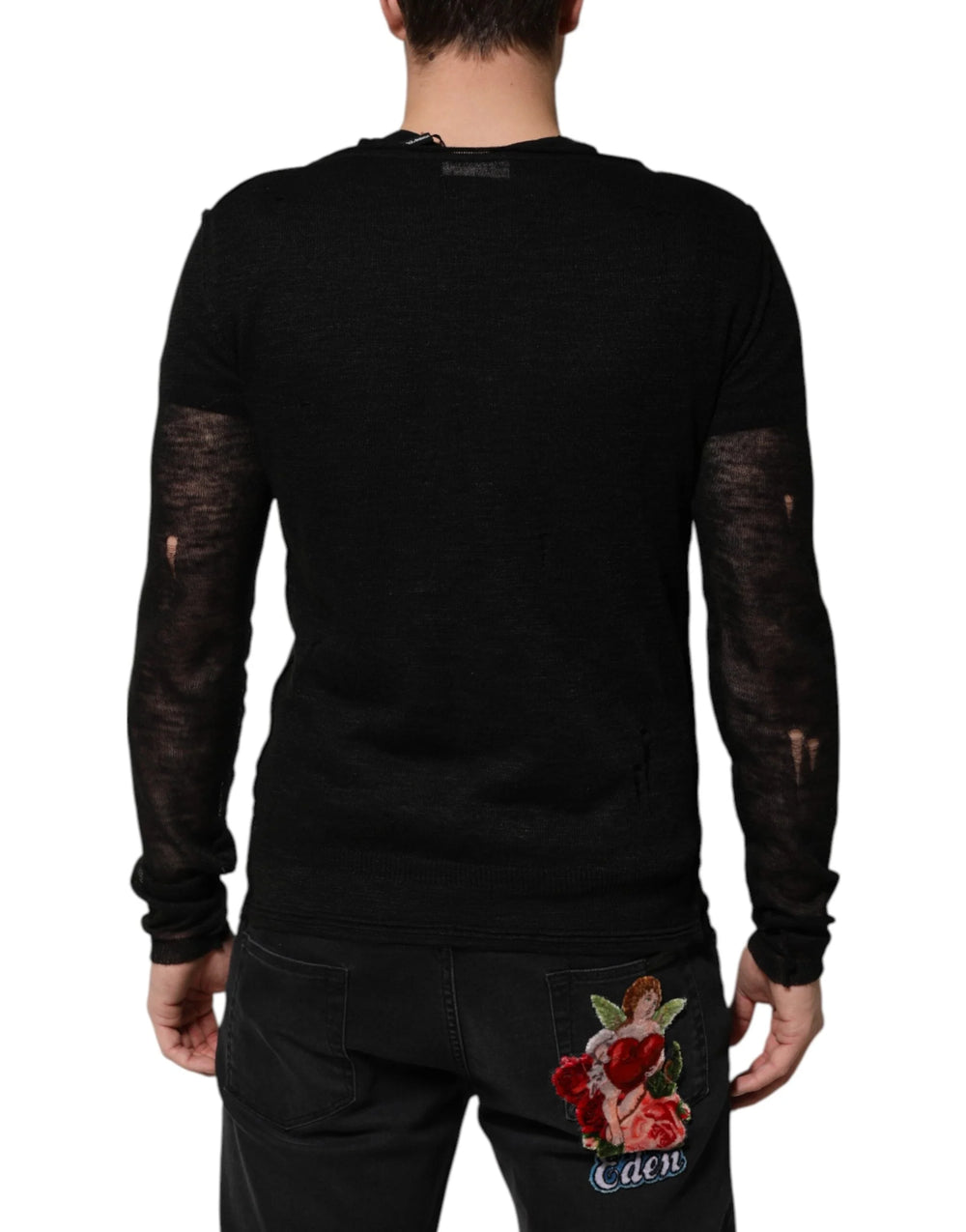 Dolce & Gabbana Black Linen Mesh Tattered Longsleeves T-shirt - IT48 | M - T-Shirts