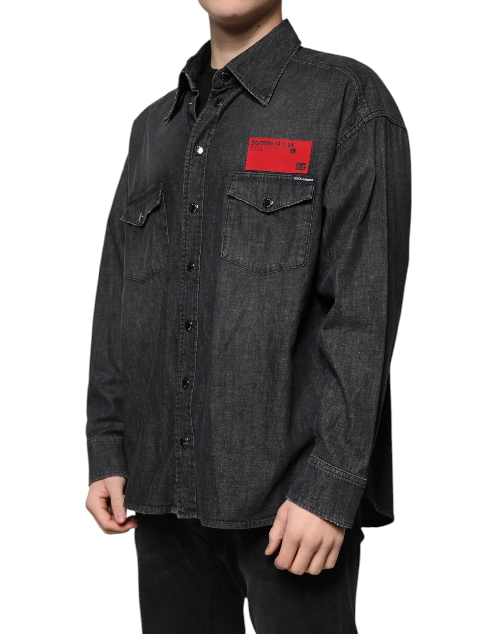 Dolce & Gabbana Black Logo Cotton Button Down Denim Shirt - Shirts