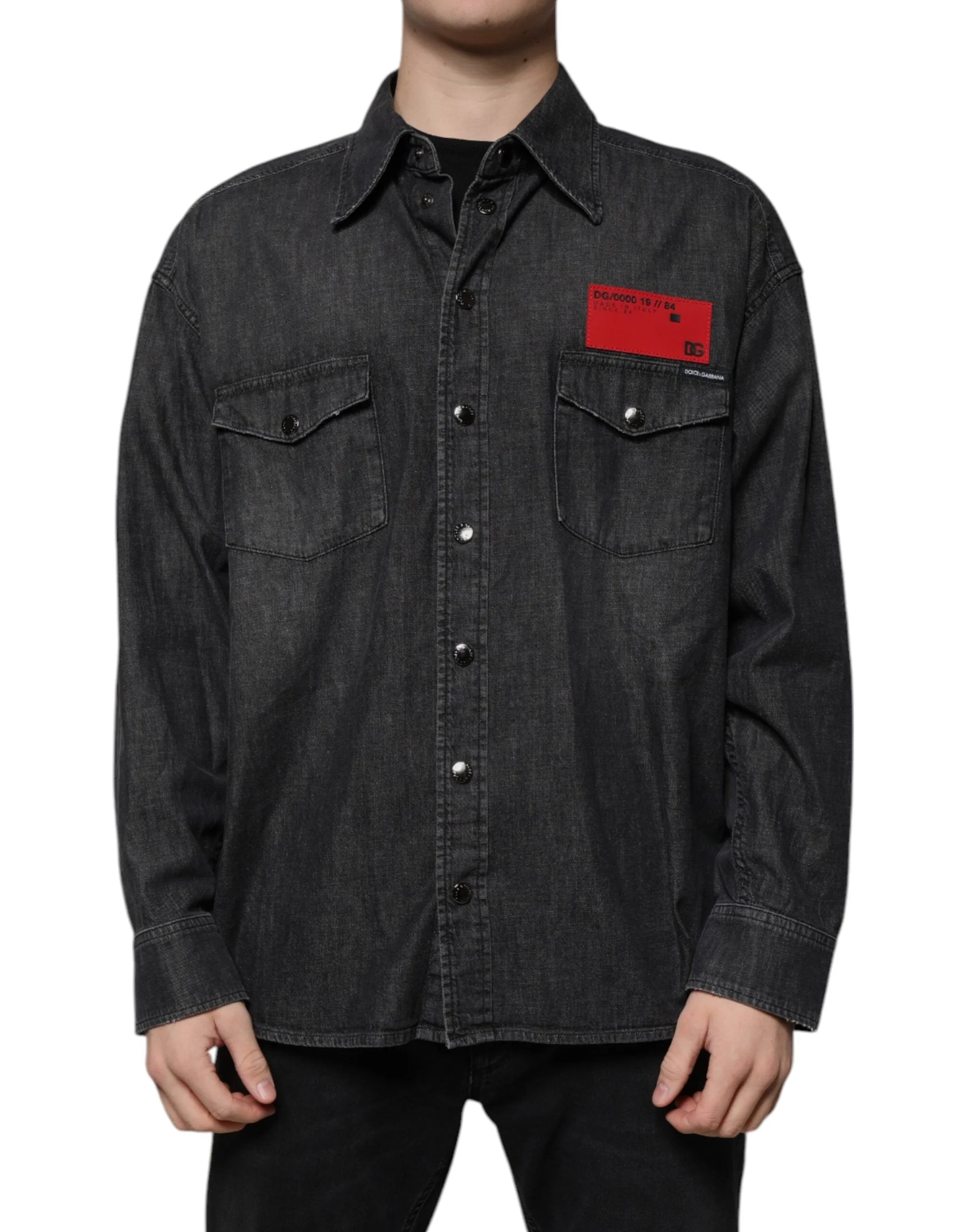 Dolce & Gabbana Black Logo Cotton Button Down Denim Shirt - Shirts