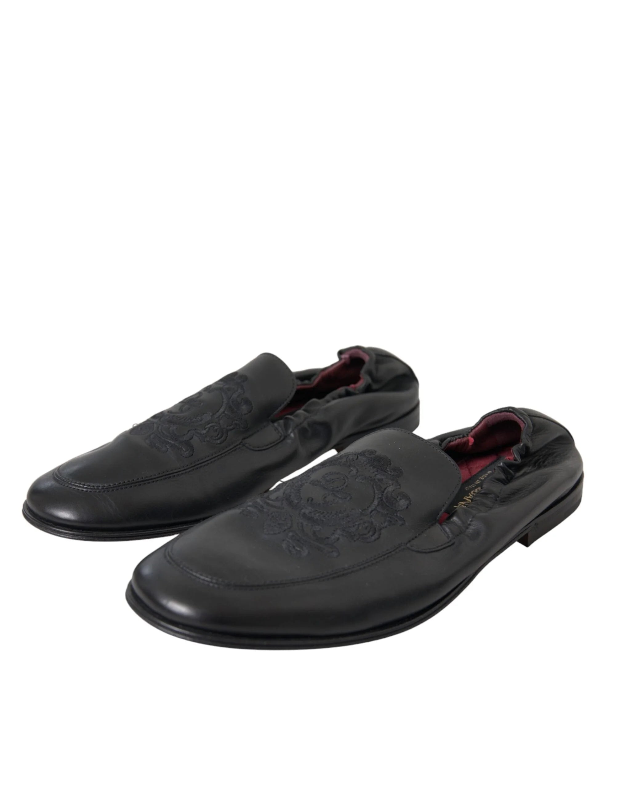 Dolce & Gabbana Black Logo Embroidered Leather Loafer Men Dress Shoes - EU39/US6 - Flats