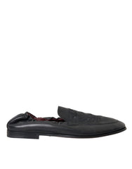Dolce & Gabbana Black Logo Embroidered Leather Loafer Men Dress Shoes - EU39/US6 - Flats