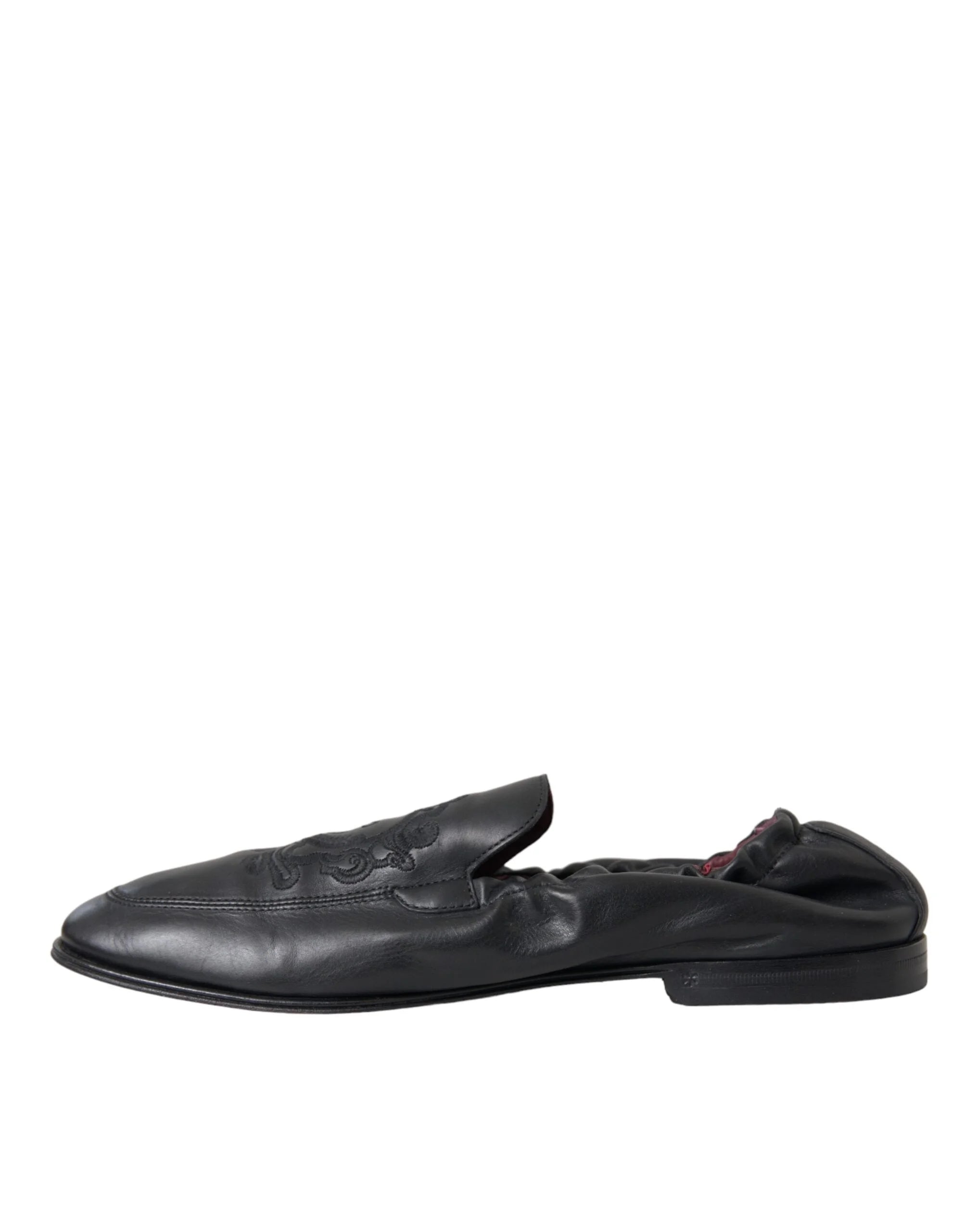 Dolce & Gabbana Black Logo Embroidered Leather Loafer Men Dress Shoes - EU39/US6 - Flats