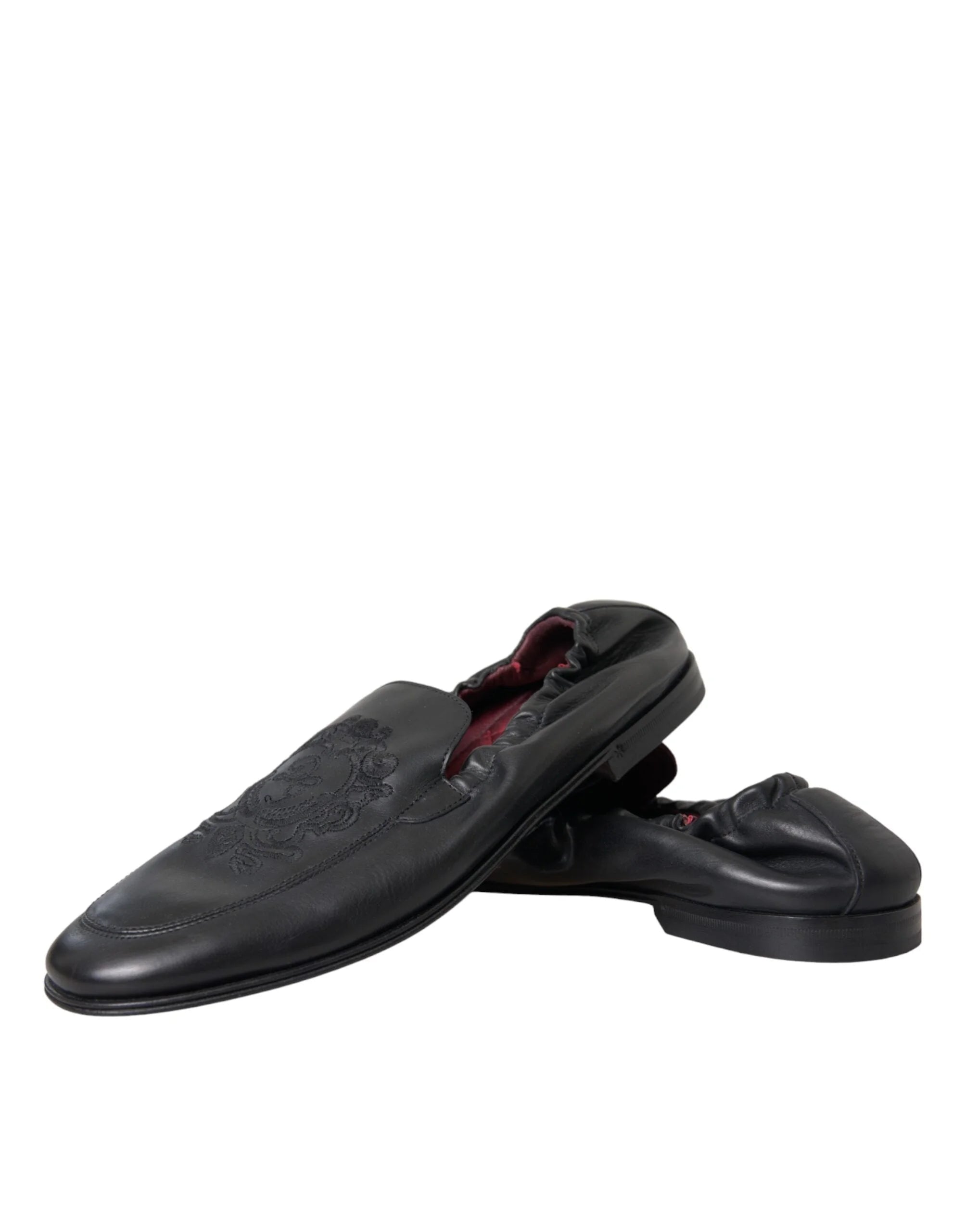 Dolce & Gabbana Black Logo Embroidered Leather Loafer Men Dress Shoes - EU39/US6 - Flats