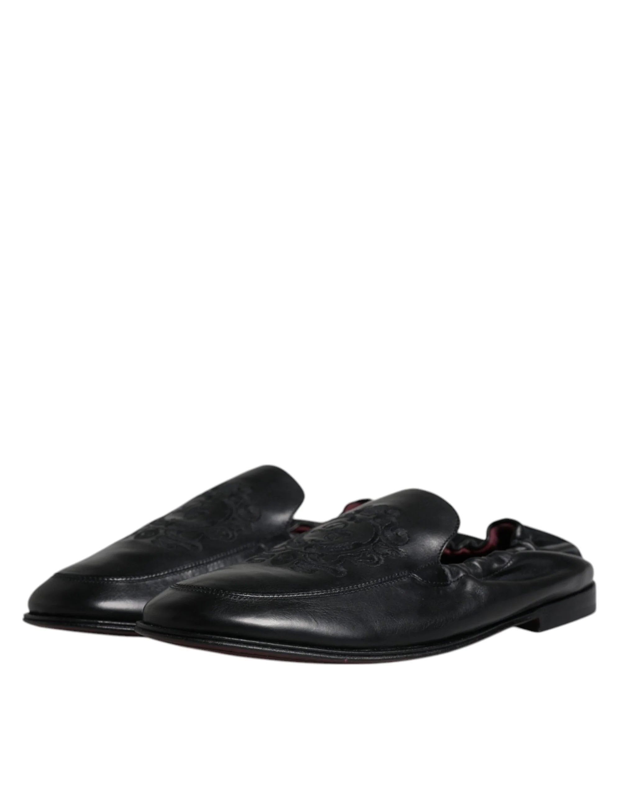 Dolce & Gabbana Black Logo Embroidered Leather Loafer Men Dress Shoes - EU40/US7 - Flats