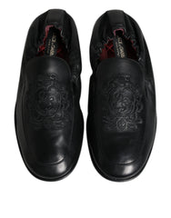 Dolce & Gabbana Black Logo Embroidered Leather Loafer Men Dress Shoes - EU40/US7 - Flats