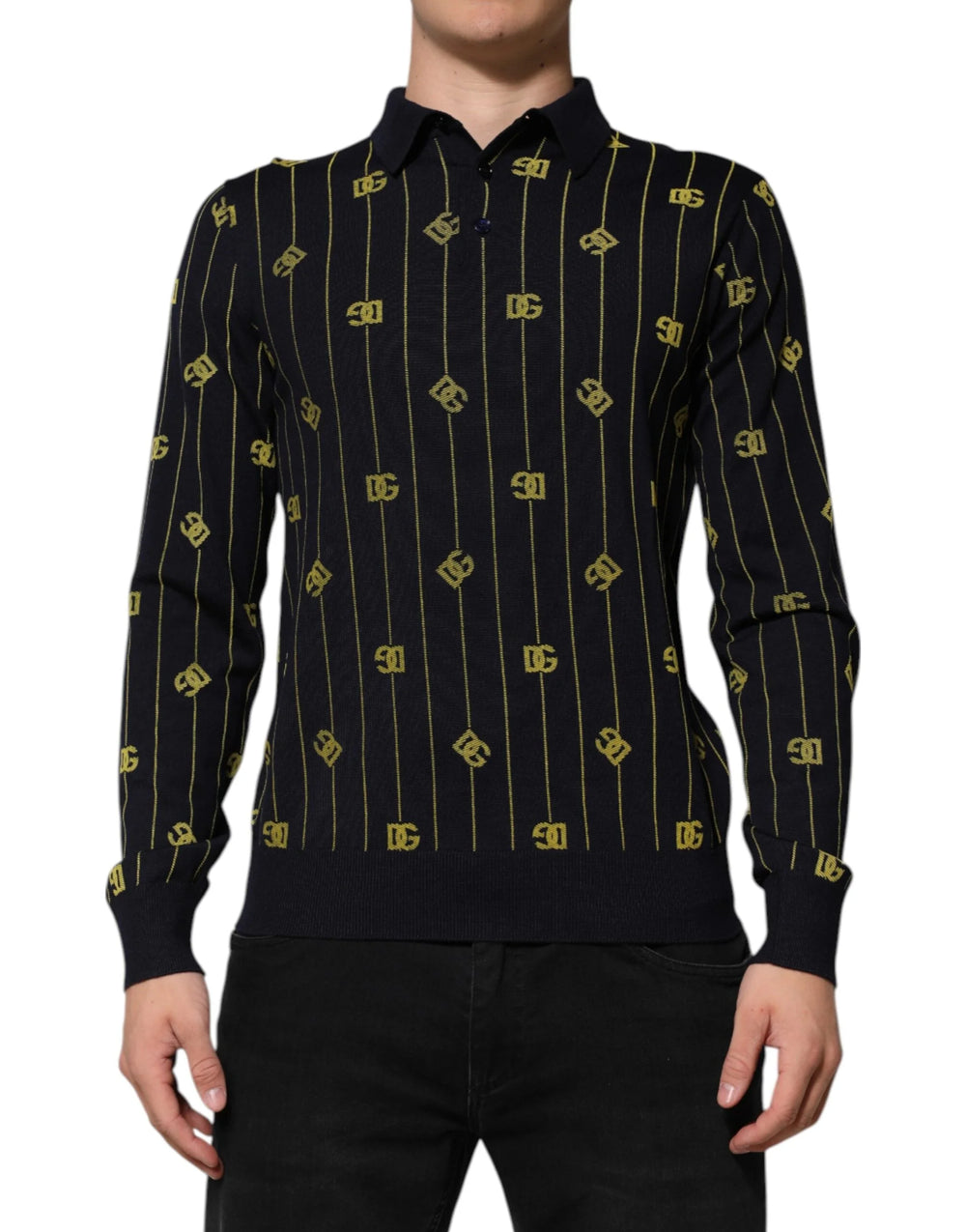Dolce & Gabbana Black Logo Jacquard Knitted Polo Shirt T-shirt - IT48 | M - Polos