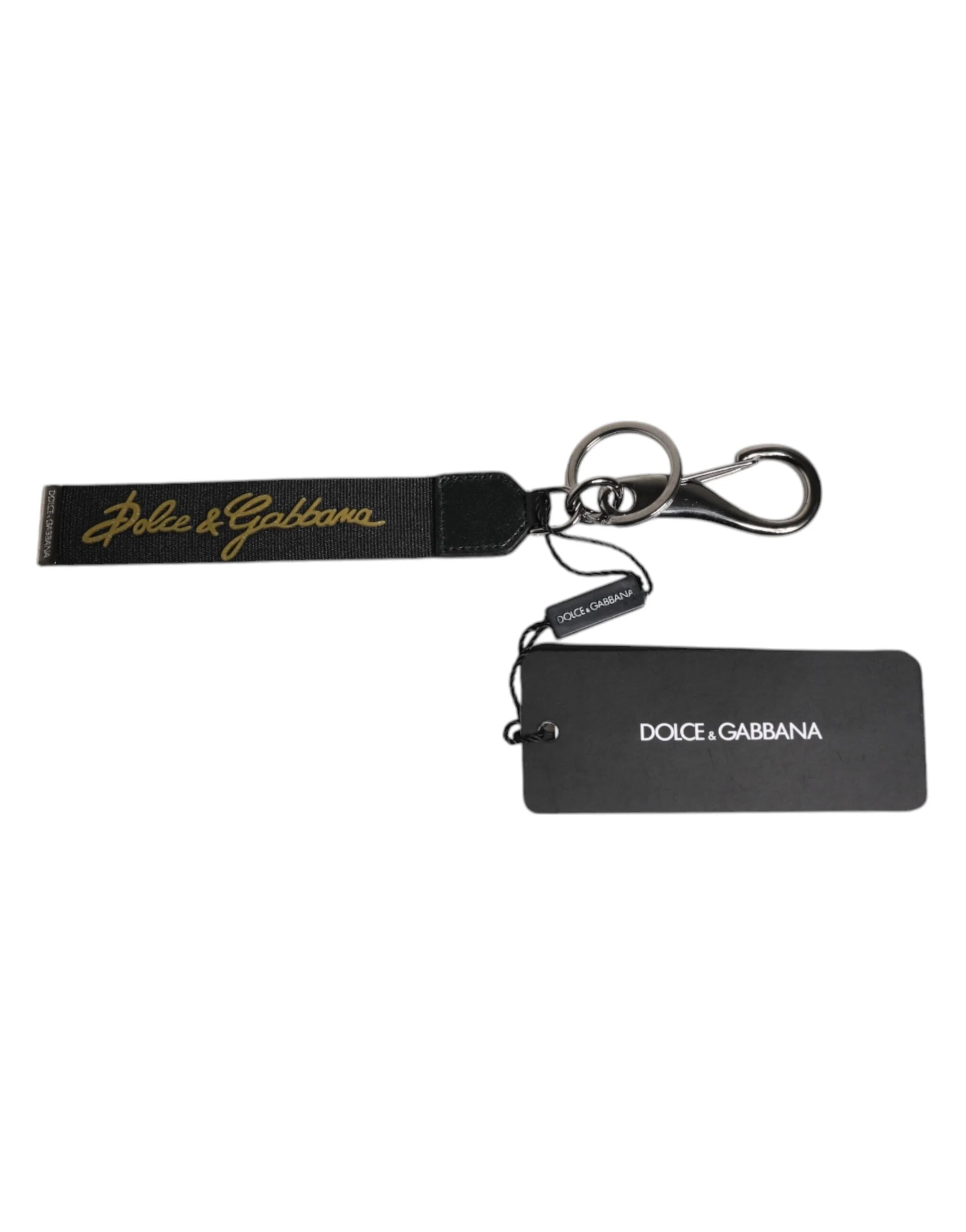 Dolce & Gabbana Black Logo Nylon Silver Brass Men Holder Keychain Keyring - Keychains
