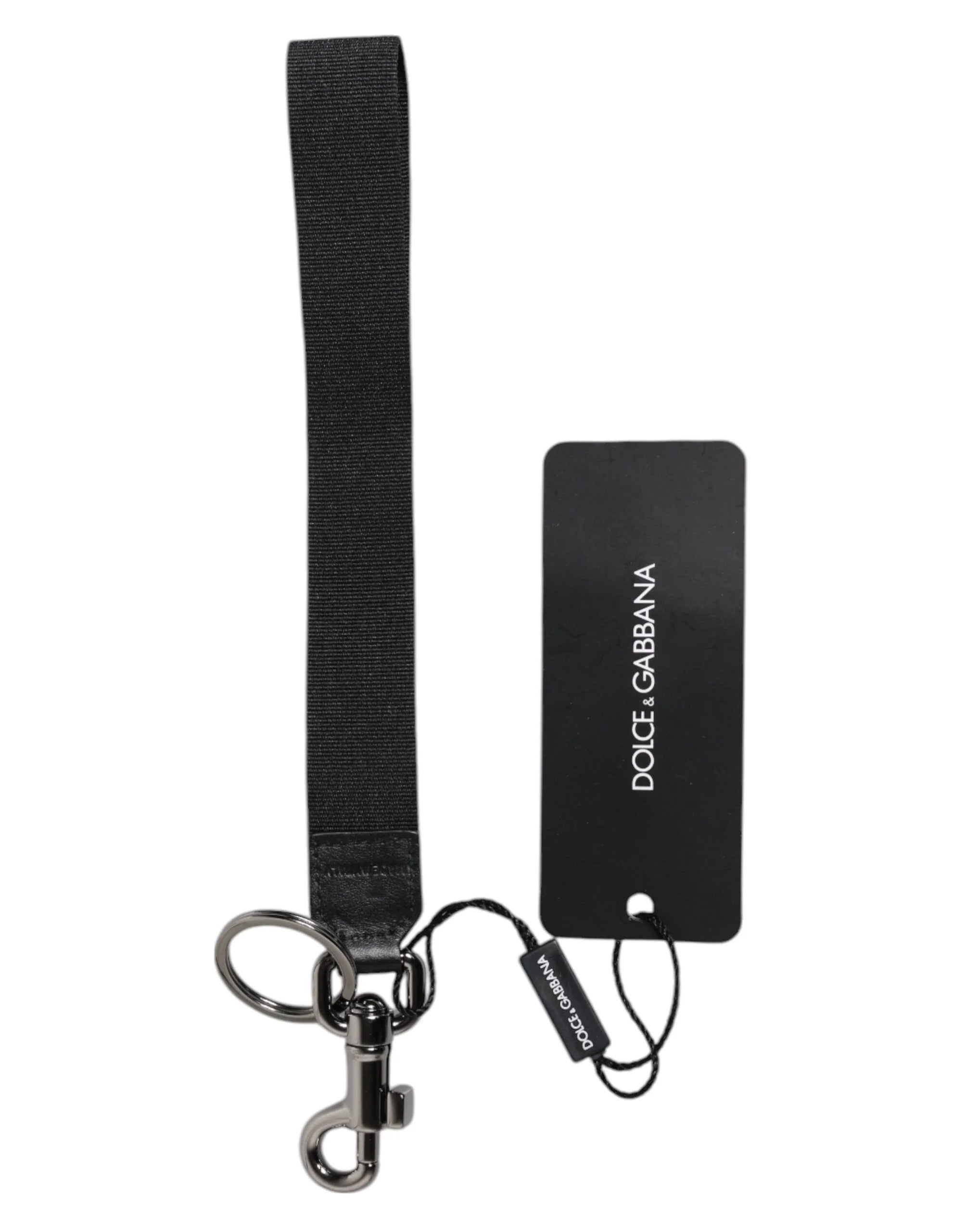 Dolce & Gabbana Black Logo Nylon Silver Brass Men Holder Keychain Keyring - Keychains