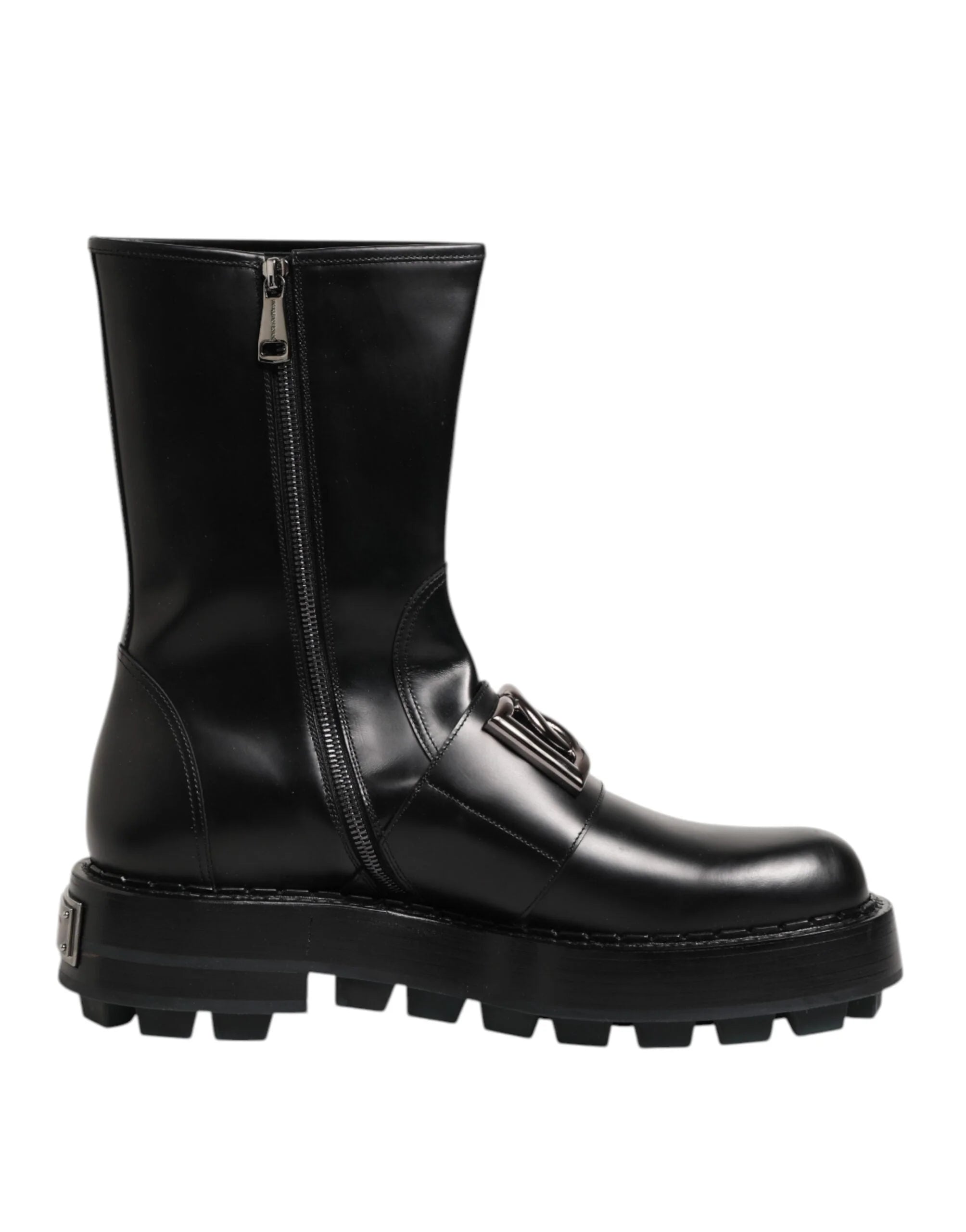 Dolce & Gabbana Black Logo Plaque Mid Calf Biker Boots Shoes - EU44/US11 - Boots