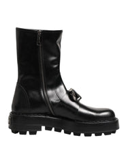 Dolce & Gabbana Black Logo Plaque Mid Calf Biker Boots Shoes - EU44/US11 - Boots