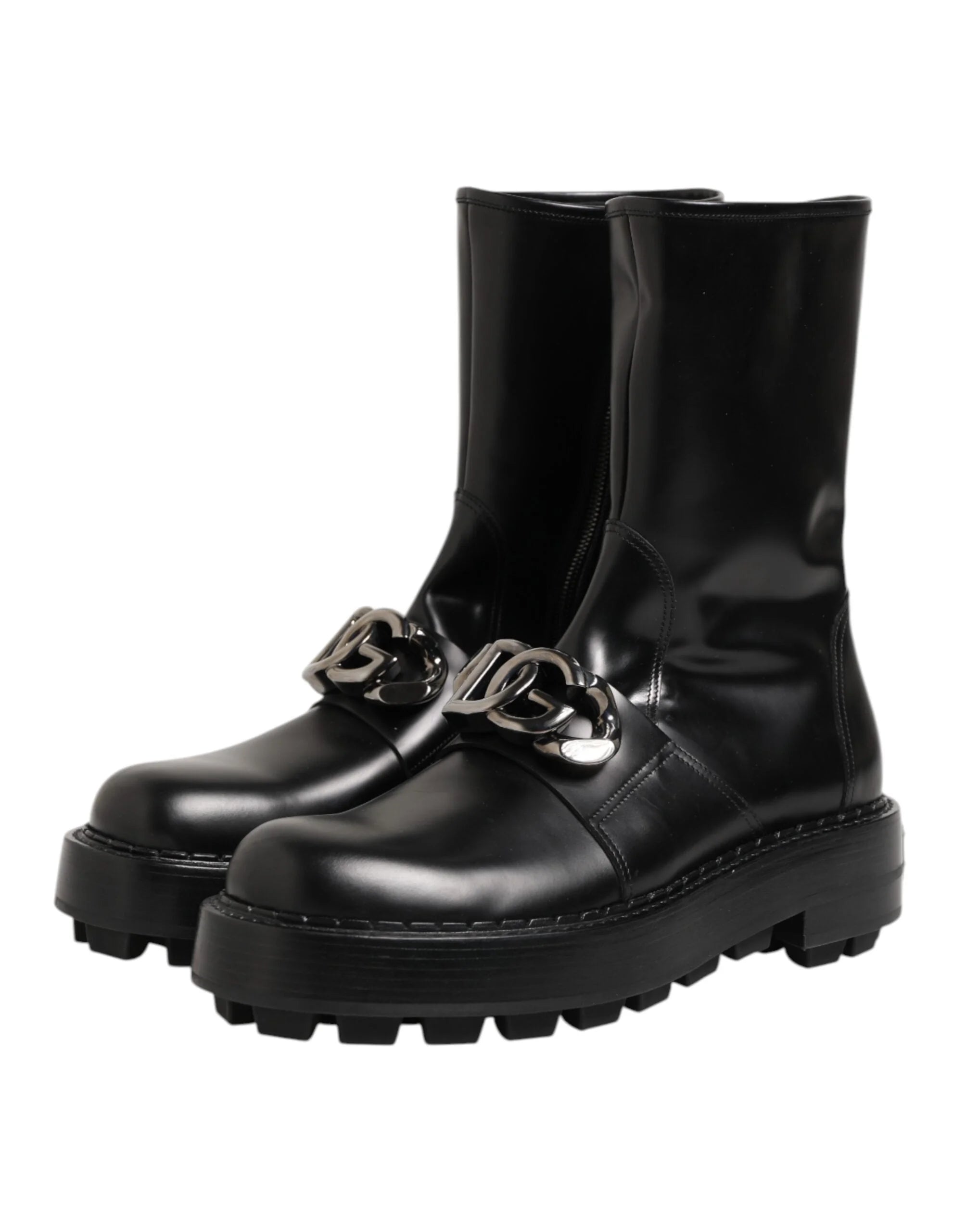 Dolce & Gabbana Black Logo Plaque Mid Calf Biker Boots Shoes - EU44/US11