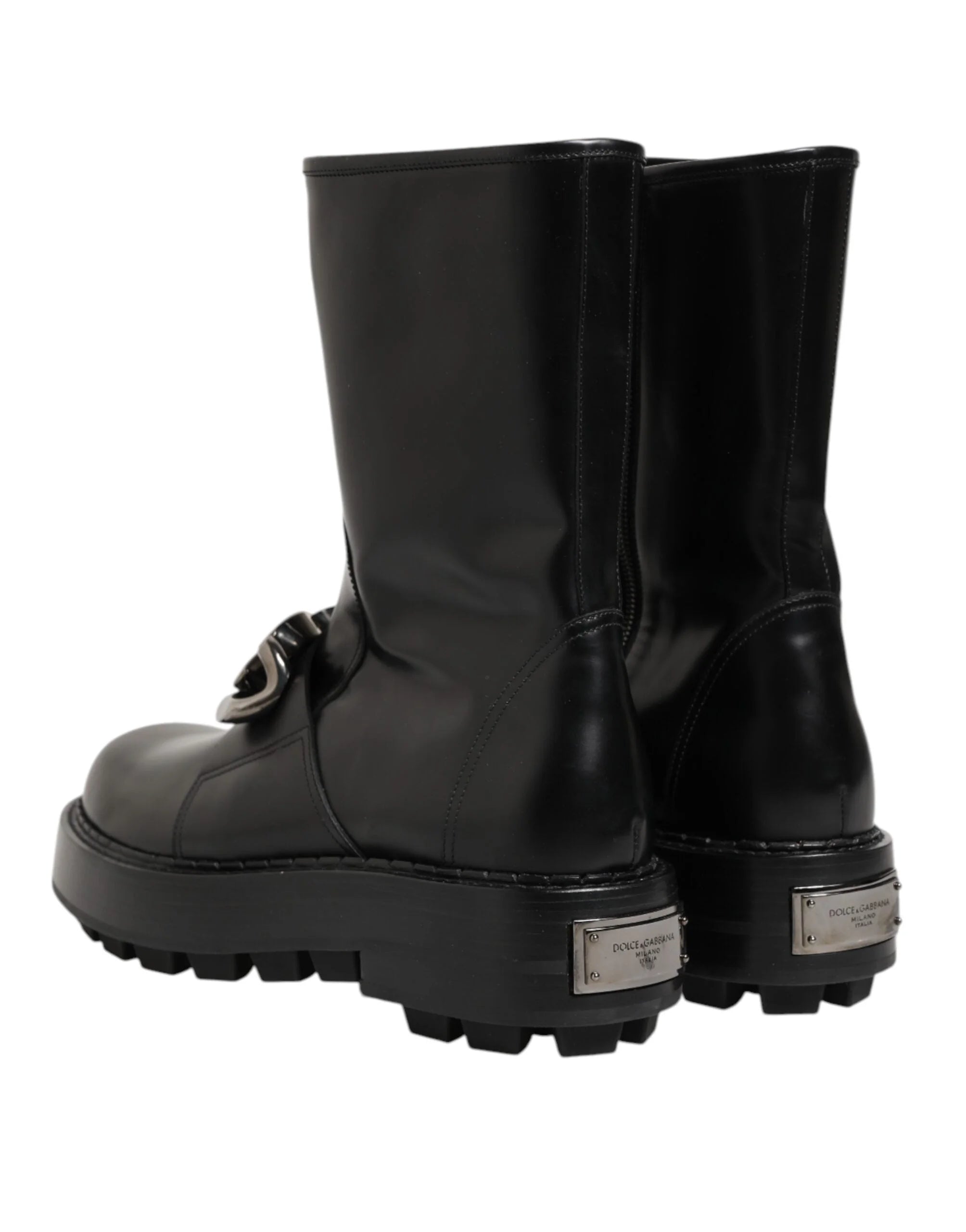 Dolce & Gabbana Black Logo Plaque Mid Calf Biker Boots Shoes - EU44/US11