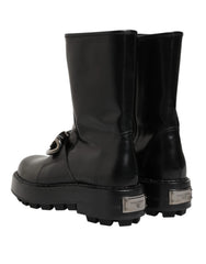 Dolce & Gabbana Black Logo Plaque Mid Calf Biker Boots Shoes - EU44/US11