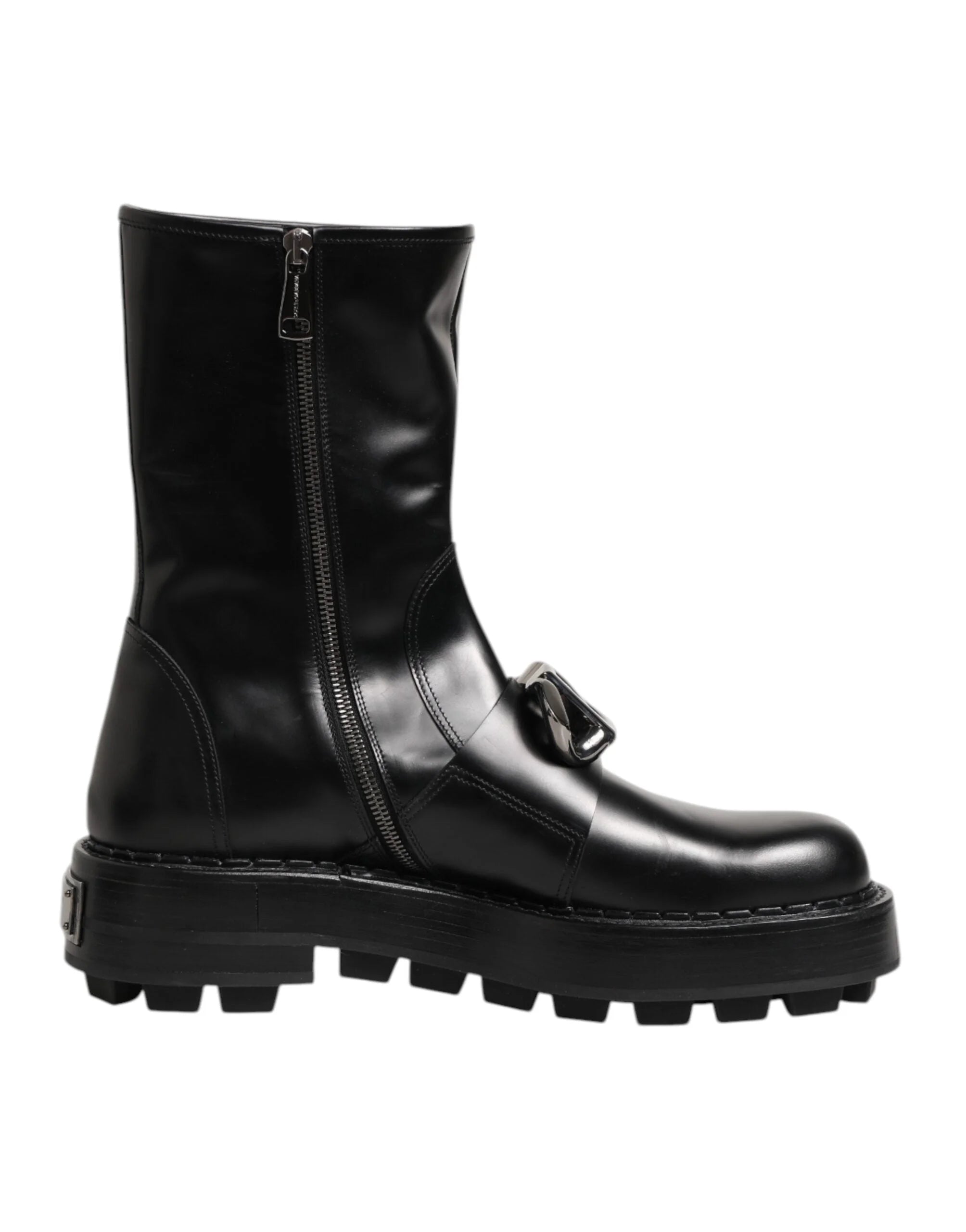 Dolce & Gabbana Black Logo Plaque Mid Calf Biker Boots Shoes - EU44/US11