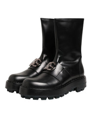 Dolce & Gabbana Black Logo Plaque Mid Calf Biker Boots Shoes - EU44/US11
