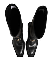 Dolce & Gabbana Black Logo Plaque Over The Calf Boot Shoes - EU44/US11 - Boots