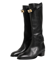 Dolce & Gabbana Black Logo Plaque Over The Calf Boots Shoes - EU44/US11 - Boots