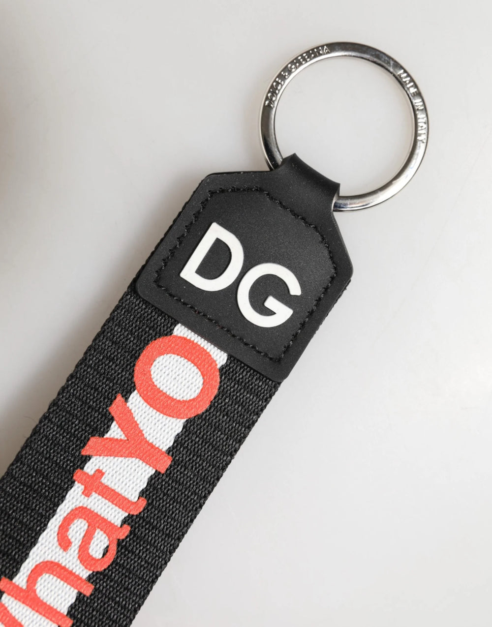 Dolce & Gabbana Black Logo Polyester Silver Brass Holder Keychain Keyring