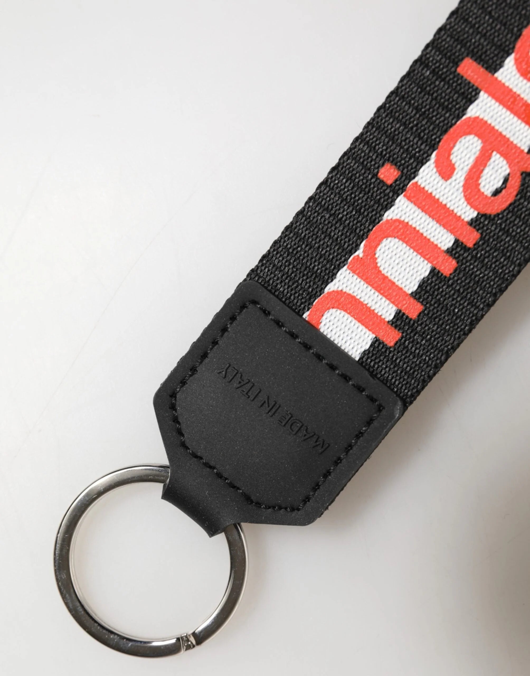 Dolce & Gabbana Black Logo Polyester Silver Brass Holder Keychain Keyring